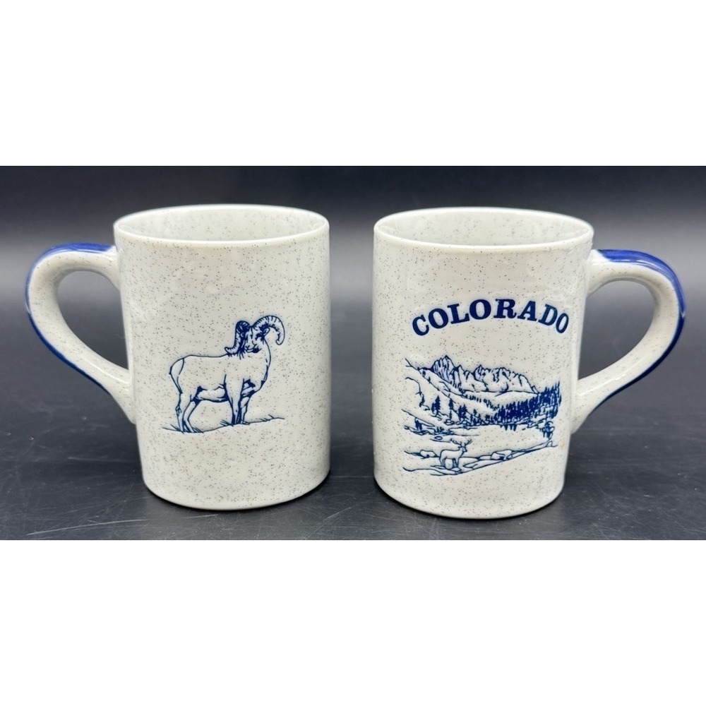 Vintage Colorado Souvenir Mug Set 2 Blue Speckled Bighorn Sheep Mountain Japan
